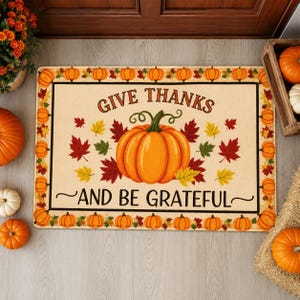 Fall Welcome Doormat, Pumpkin Maple Leaves, Thanksgiving Entry Rug, Autumn Porch Decor