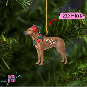 May include: A 2D flat hanging ornament shaped like a brown dog wearing a red and green elf hat and collar with small bells. The name Ollie is printed in white script on the dog's side. A gold string is attached to the top for hanging.