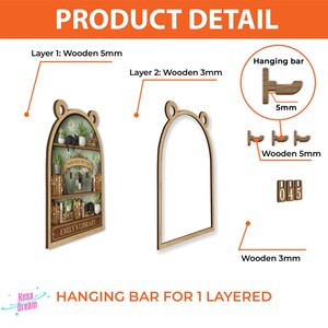 May include: Wooden shelf decor with a bear-shaped top, featuring a detailed bookshelf design with books, plants, and the text "EMILY'S LIBRARY." Includes hanging bar and wooden pieces. Layer 1 is 5mm thick, Layer 2 is 3mm thick.