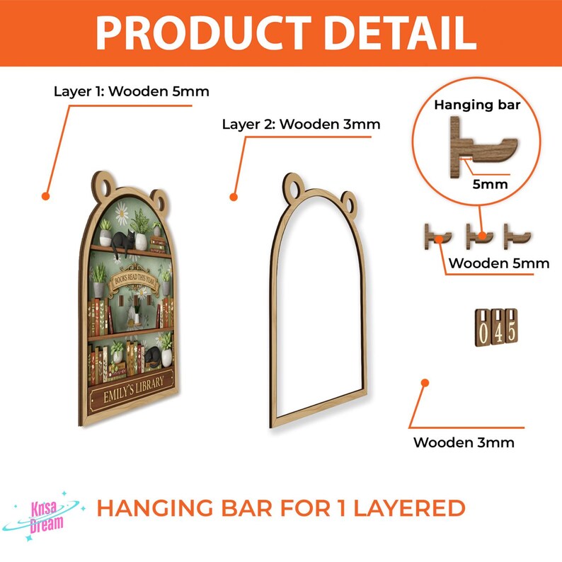 May include: Wooden shelf decor with a bear-shaped top, featuring a detailed bookshelf design with books, plants, and the text "EMILY'S LIBRARY." Includes hanging bar and wooden pieces. Layer 1 is 5mm thick, Layer 2 is 3mm thick.