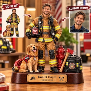May include: A custom figurine set featuring a firefighter in tan turnout gear holding a helmet labeled 32 Captain, standing next to a golden retriever wearing a red rescue vest. Includes a red fire hydrant, an axe, a black gear bag, and a wooden base with a brass plaque reading Daniel Hayes Firefighter.
