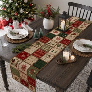 May include: A rectangular table runner featuring a patchwork design of alternating squares in red, green, and cream. The pattern includes printed motifs of snowflakes, pine trees, poinsettias, and plaid textures, creating a festive holiday aesthetic.