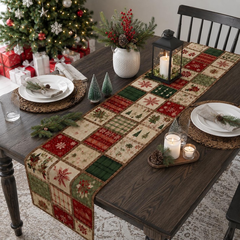 May include: A rectangular table runner featuring a patchwork design of alternating squares in red, green, and cream. The pattern includes printed motifs of snowflakes, pine trees, poinsettias, and plaid textures, creating a festive holiday aesthetic.