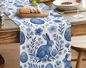 Blue Easter Table Runner, Chinoiserie Rabbit Table Decor, Spring Floral Table Cloth, Porcelain Blue Bunny Dining Decor, Easter Gift Ideas