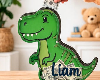 Personalized Dinosaur Piggy Bank, T-Rex Wooden Money Box, Nursery Decor, Toddler Savings Jar