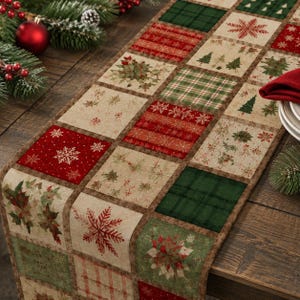 May include: A rectangular fabric table runner featuring a patchwork design of alternating squares. The pattern includes red, green, and beige blocks decorated with printed motifs of snowflakes, pine trees, poinsettias, and plaid textures.