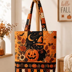 Può includere: Una borsa tote trapuntata a tema Halloween con un gatto nero che indossa un cappello da strega, una zucca intagliata, foglie autunnali, fiori, pipistrelli e una luna crescente. La borsa presenta un motivo patchwork nero e arancione.