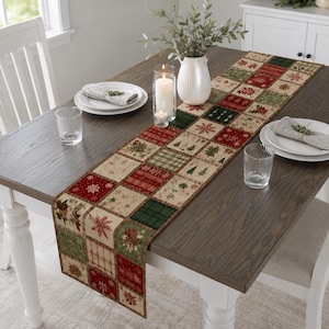Kerst patchwork tafelloper, rustiek geruit tafelkleed met sneeuwvlokken, landelijke winterkeukendecoratie, kerstdiner, cadeau 2026