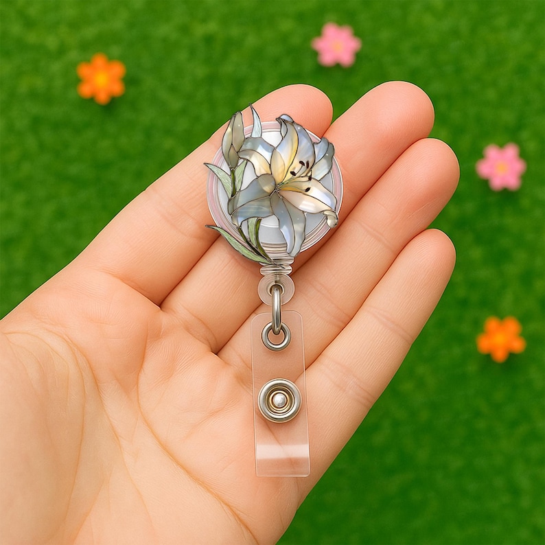 White Lily Flower Retractable Badge Reel for Nurses, Floral ID Name Tag Holder for Teachers, Cute Botanical Work Office Gift for Women image 6