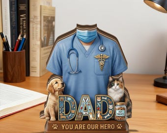 Personalisiertes Veterinär-Vati-Holzblock-Geschenk mit Hund und Katze Sie sind unser Held Schreibtisch-Dekor-Tierliebhaber-Vatertag einzigartiges Andenken