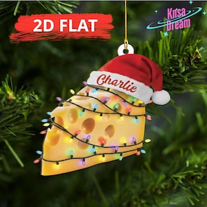 Funny Cheese Slice Ornament with Santa Hat, Personalized Cheese Lover Gift, Unique Kitchen Decor, Custom Name Holiday Hanging Charm