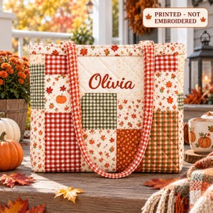Personalized Fall Quilted Tote Bag, Custom Name Patchwork Gingham Autumn Shoulder Bag, Floral Pumpkin Travel Handbag, GIFT 2026