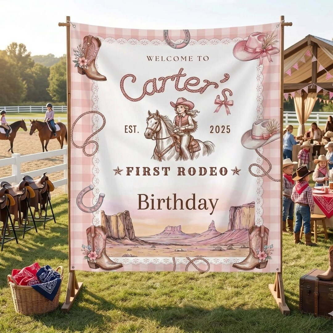 Pink First Rodeo Birthday Banner Custom Cowgirl Backdrop for Western ...