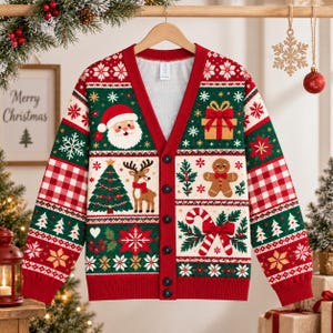Peut inclure: Un gilet à col en V boutonné présentant un motif de fête avec un visage de Père Noël, un renne, un bonhomme en pain d'épice, un cadeau, des sucres d'orge, des sapins, des poinsettias, des flocons et un imprimé à carreaux rouge et blanc.
