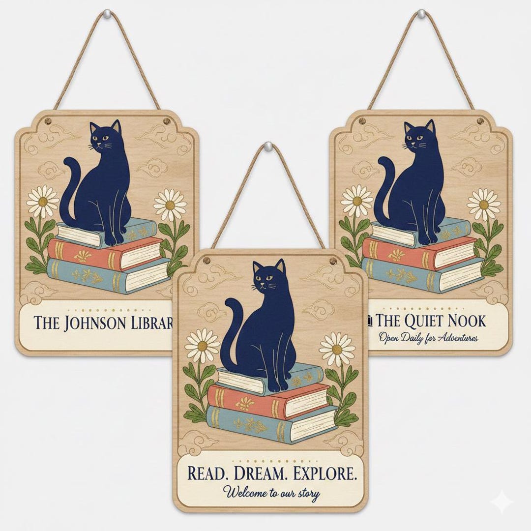 Custom Reading Nook Wood Hanging Sign Black Cat Library Decoration ...