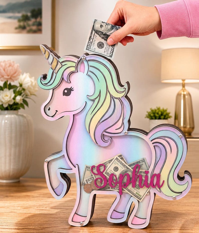 Pu&ograve; includere: Un salvadanaio a forma di unicorno dai colori pastello, con criniera e coda arcobaleno. Il nome "Sophia" &egrave; visualizzato sul davanti e il salvadanaio &egrave; pieno di soldi. Una mano inserisce una banconota da 100 euro nella fessura superiore.
