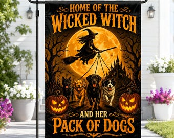 カスタムハロウィン犬用ガーデンフラッグ、魔女パック犬用庭飾り