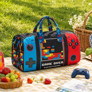 Quilted Gaming Travel Bag, Retro Arcade Duffel, Video Game Overnight Tote