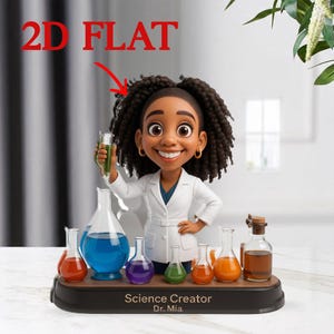 Può includere: Una statuetta di una donna nera sorridente in camice bianco che tiene in mano una provetta con liquido verde. La statuetta è circondata da vari becher e fiasche colorate. La base recita "Science Creator Dr. Mia".