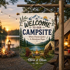 Personalized Camping Welcome Sign: Triangular Forest Campsite Banner