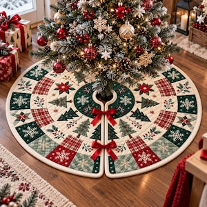 May include: A circular quilted Christmas tree skirt featuring a patchwork design of dark green, cream, and red plaid squares. The fabric is decorated with embroidered pine trees, white snowflakes, red poinsettias, and holly berries, secured with two red satin bows.
