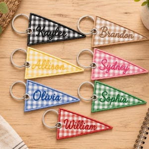 Custom Embroidered Gingham Pennant Keychain, Personalized Name Backpack Charm