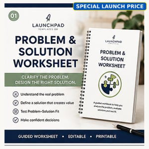 以下が含まれることがあります： スパイラル綴じのワークブック「Problem & Solution Worksheet」。白い表紙にLaunchpad Templatesのロゴ、円形のパズルグラフィック、問題分析や解決策の評価、適合性のテストに関するテキストが記載されています。