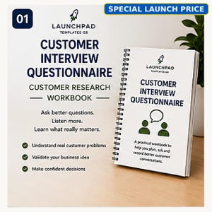 May include: A spiral-bound Customer Interview Questionnaire workbook with a white cover featuring a rocket logo, text, and green icons of two people talking. The workbook is displayed next to a sign with the same title and bulleted list.