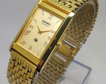 Vintage Seiko Slim Quartz Tank Unisex Refurbliert Japanische Armbanduhr Gold Zifferblatt