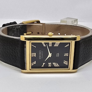 Vintage Seiko Quartz Tank Slim Herr G/P Rektangulär Renoverad Japansk Armbandsur Svart Urtavla