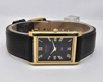 Vintage Seiko Quartz Tank Slim Men G/P Rectangle Refurbished Japanese Wrist Watch Black Dial