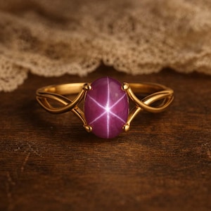 Art Deco Natural Star Ruby Engagement Ring 14k Gold Ruby Crossover Ring Oval Cut Ruby July Birthstone Solitaire Ring, Statement Jewelry Her