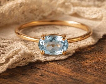 Anillo de aguamarina ovalada, oro amarillo de 14 quilates, regalo de aniversario, anillo con piedra de nacimiento, anillo minimalista de plata de ley 925, delicado anillo con gema de marzo.