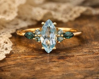 Anillo de compromiso vintage con aguamarina de talla marquesa, anillo de compromiso nupcial de aniversario, anillo de matrimonio de oro amarillo de 18 quilates con zafiro verde azulado y talla marquesa.