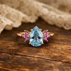 Aquamarine Dainty Ring, Gold Minimalist Ring, March Birthstone Ring, Ruby Cluster Ring, Thin Wedding Ring, Delicate Jewelry, Gift for Her