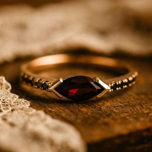 Unique Solitaire Marquise Cut Ruby Engagement Ring, Ruby 14K Rose Gold Wedding Ring, Bezel Set Onyx Promise Ring, Women's Anniversary Gifts