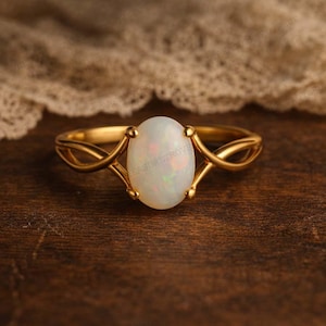 Anello di fidanzamento in opale Art Déco, anello incrociato in opale in oro 14k, anello solitario con pietra portafortuna di ottobre e taglio ovale, gioielli importanti per le donne