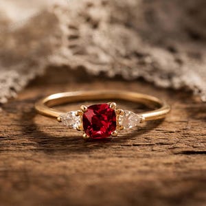 Puede incluir: Un anillo de oro con una piedra preciosa roja oscura de talla coj&iacute;n como piedra central, flanqueada por dos piedras preciosas claras m&aacute;s peque&ntilde;as en forma de pera. El anillo descansa sobre una superficie de madera, con tela de encaje en el fondo.