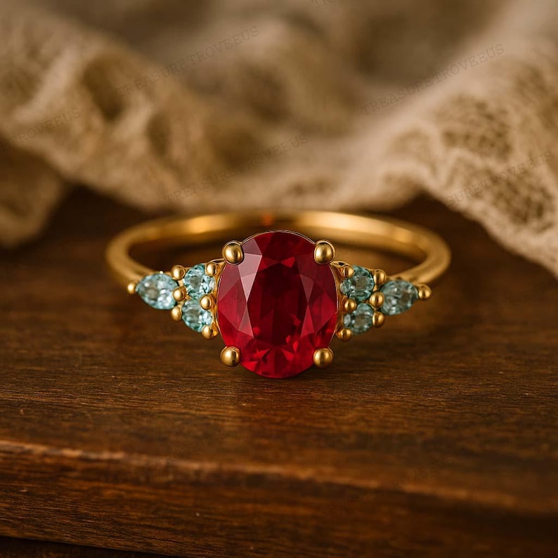 K&ouml;nnte beinhalten: Ein goldener Ring mit einem gro&szlig;en, oval geschliffenen Rubin als Mittelstein, flankiert von kleineren, hellblauen, birnenf&ouml;rmigen Edelsteinen. Der Ring liegt auf einer Holzoberfl&auml;che, die die leuchtenden Rot- und Blaut&ouml;ne zeigt.