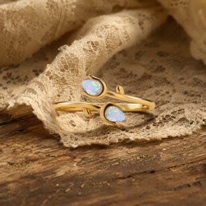 Opal Tulip Flower Bypass Ring • Minimalist Best Friend Gift • Dainty Gold Tulip Opal Stacking Ring • 925 Sterling Silver Friendship Jewelry