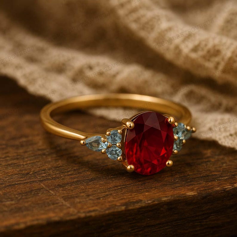 K&ouml;nnte beinhalten: Ein goldener Ring mit einem gro&szlig;en, oval geschliffenen, tiefroten Edelstein als Mittelpunkt. Flankiert wird er von kleineren, hellblauen Edelsteinen. Der Ring liegt auf einer Holzoberfl&auml;che und zeigt das Design des Schmuckst&uuml;cks.