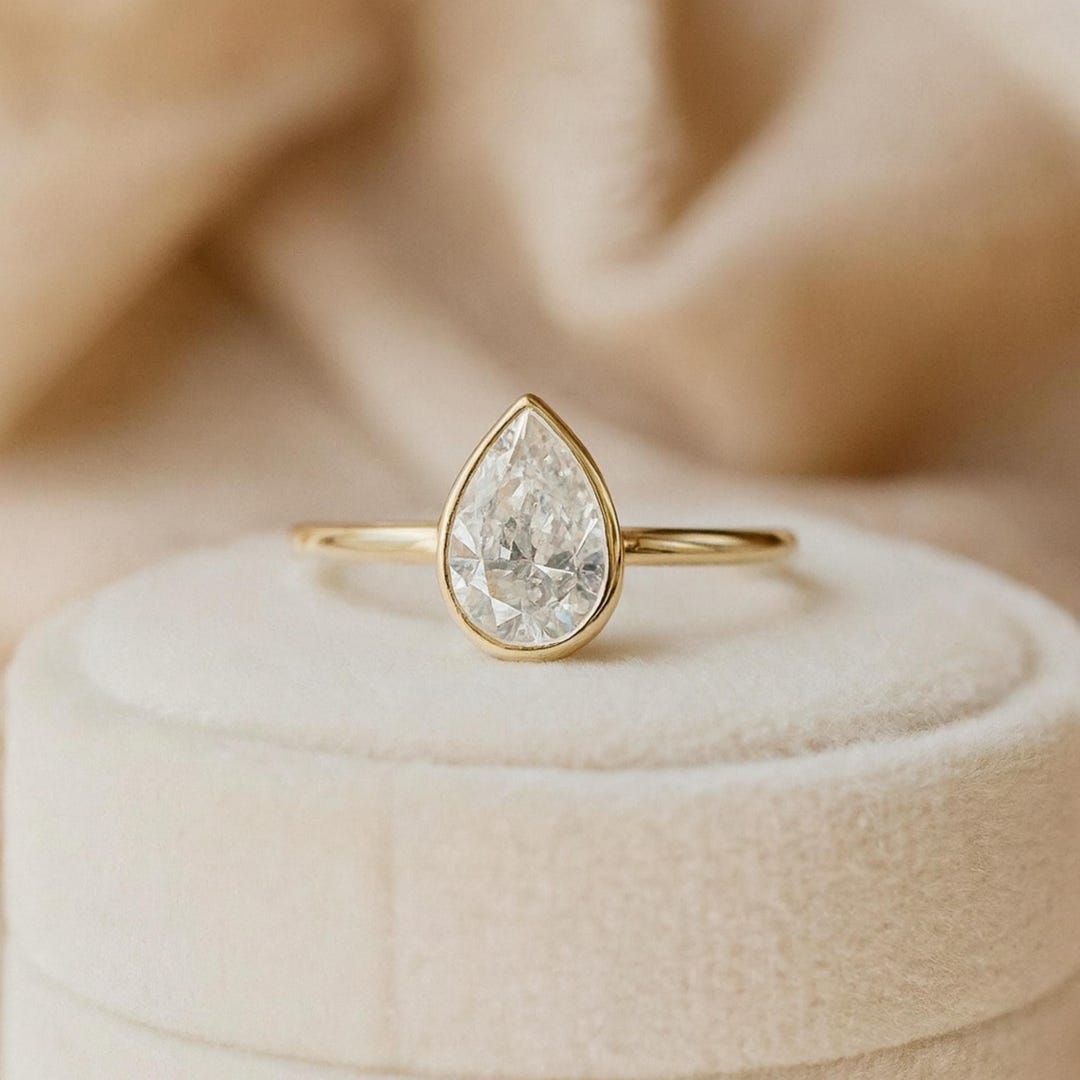 Bezel Set Pear Cut Moissanite Engagement Ring 14K Gold Wedding Ring ...