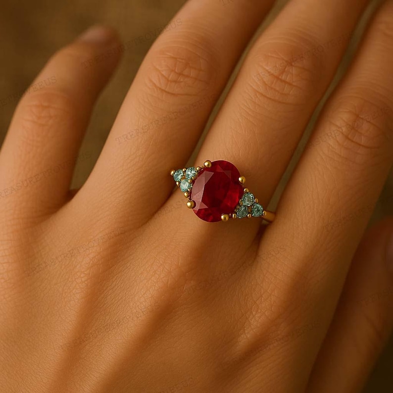 K&ouml;nnte beinhalten: Ein goldener Ring mit einem gro&szlig;en, oval geschliffenen, tiefroten Edelstein als Mittelpunkt. Flankiert wird der zentrale Stein von Clustern kleinerer, hellblau-gr&uuml;ner Edelsteine. Der Ring ist auf einem goldenen Band gefasst.