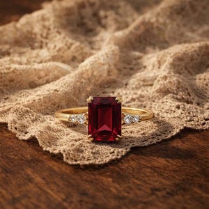 Peut inclure: Une bague en or ornée d'une grande pierre précieuse rectangulaire rouge foncé taillée en émeraude. L'anneau est agrémenté de chaque côté de trois petites pierres blanches rondes et transparentes serties dans le métal doré.