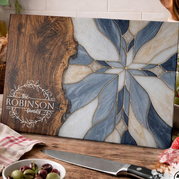 Personalized Christian Glass Cutting Board Monogram Family Name Gift Blue Floral Faux Resin Wood Farmhouse Kitchen Decor Housewarming Faith
