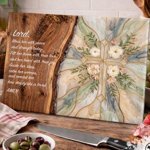 Christian Glass Cutting Board Prayer For Her Floral Cross Kitchen Decor Bless Her Peace Strength Faith Inspirational Housewarming Gift Idea