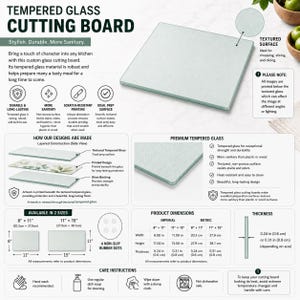 May include: A square tempered glass cutting board with a textured surface. The product information graphic displays construction layers, two available sizes of 8 inches by 11 inches and 11 inches by 15 inches, care instructions, and a thickness of 0.24 or 0.31 inches.
