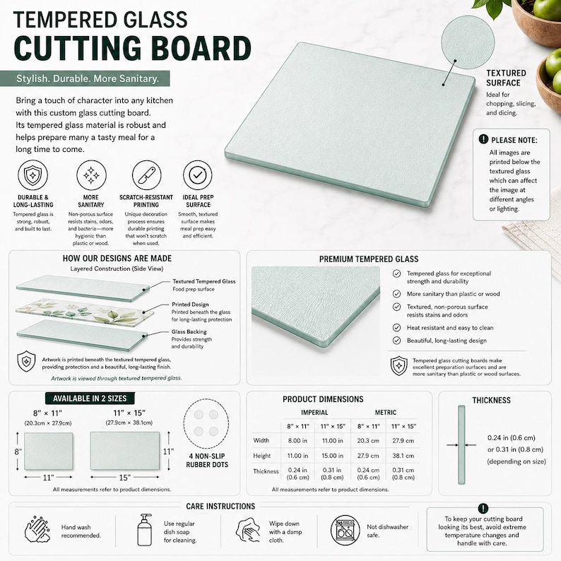 May include: A square tempered glass cutting board with a textured surface. The product information graphic displays construction layers, two available sizes of 8 inches by 11 inches and 11 inches by 15 inches, care instructions, and a thickness of 0.24 or 0.31 inches.