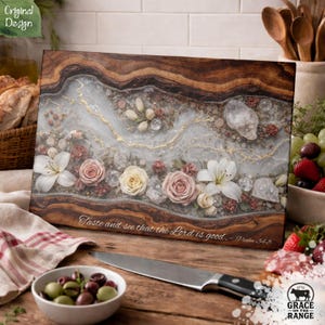 Christian Glass Cutting Board Psalm 34:8 Floral Kitchen Decor Faith Scripture Gift Farmhouse Charcuterie Style Tempered Kitchen Rose Lily