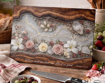 Christian Glass Cutting Board Psalm 34:8 Floral Kitchen Decor Faith Scripture Gift Farmhouse Charcuterie Style Tempered Kitchen Rose Lily